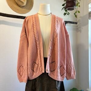 Vintage 90s Pink Cotton Blend Chunky Slouchy Knit Cardigan Sweater Size Large